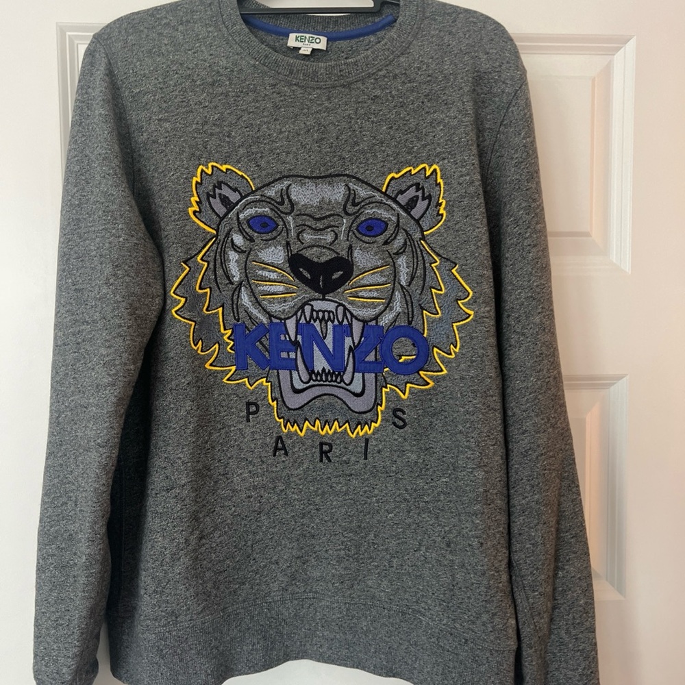 Kenzo Gray Sweater with Blue and Yellow Tiger Design